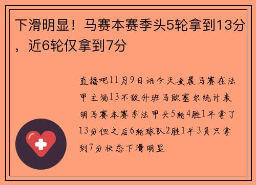 下滑明显！马赛本赛季头5轮拿到13分，近6轮仅拿到7分